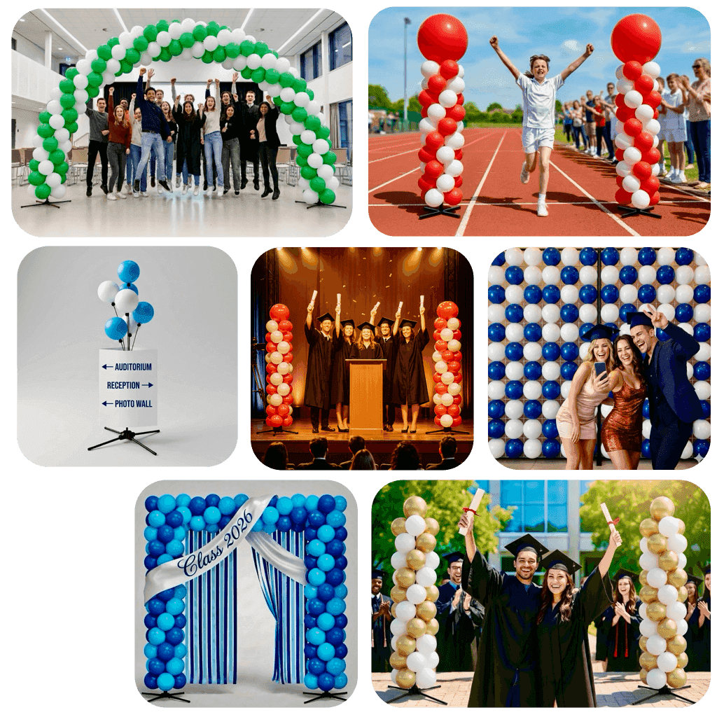 Colonnes de ballons réutilisables lors d'une remise de diplômes dans un auditorium scolaire