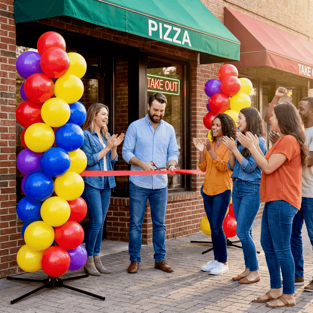 Décoration en ballons pour ouverture de magasin – pilier de ballons PilaMania