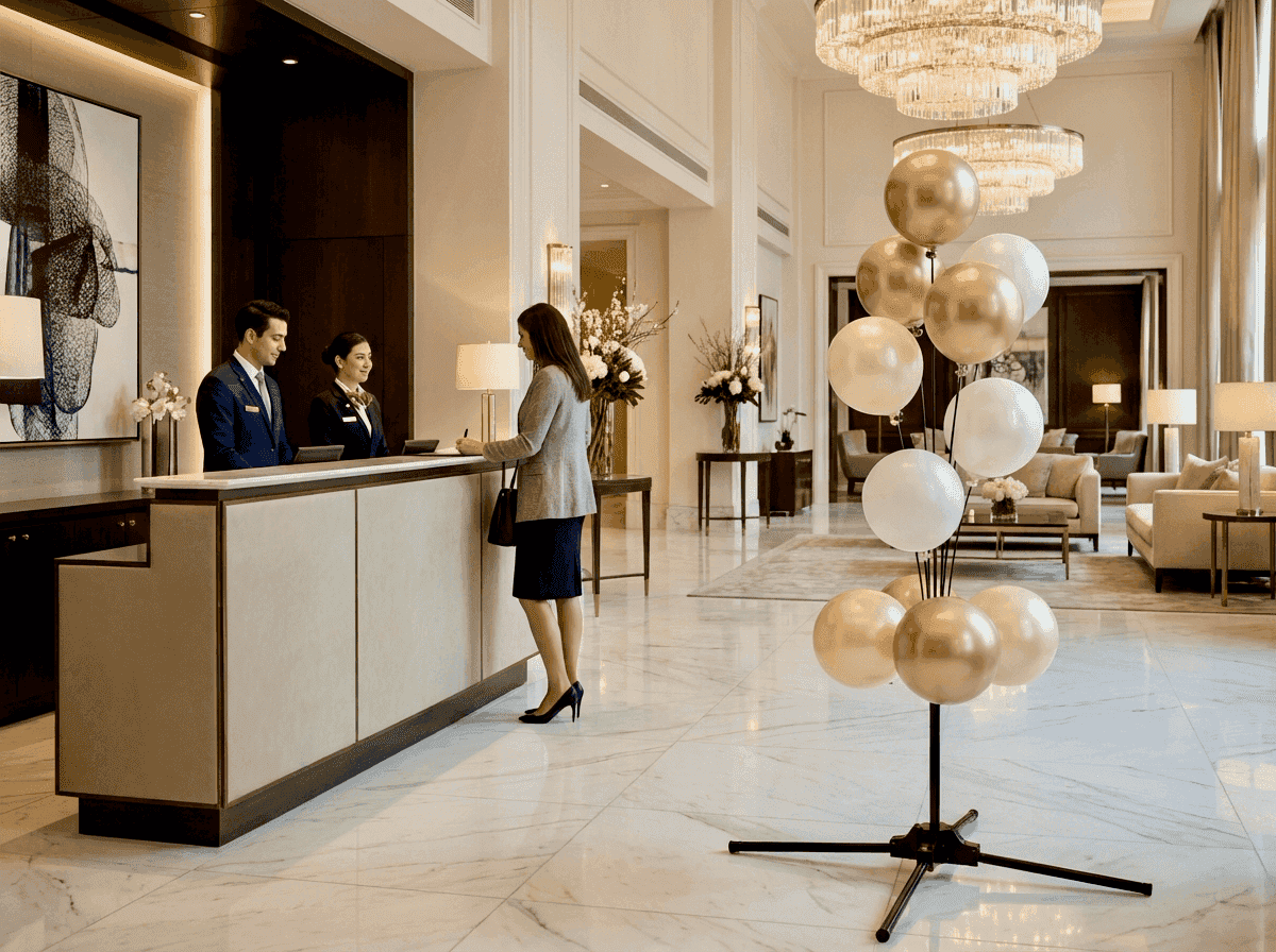 Fontaine de ballons PilaMania en champagne et blanc dans le hall d'un hôtel de luxe